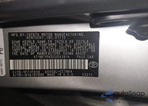 2012 Toyota Camry Le z USA, uszkodzony, nr VIN 4T1BF1FK5CU043814